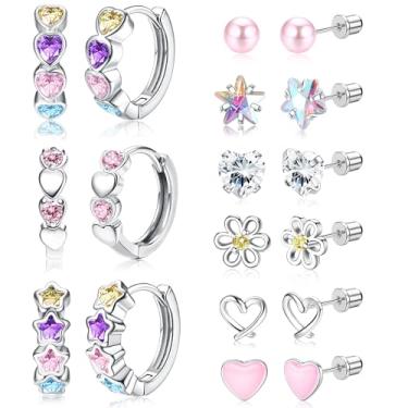 Imagem de THUNARAZ Conjunto de brincos hipoalergênicos de aço inoxidável cirúrgico para orelhas sensíveis, brincos de argola de coração fofos para crianças pequenas, Aço inoxidável, Zircônia cúbica