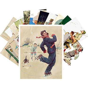 Imagem de Pixiluv Cartões postais vintage 24 peças Ilustração vintage de Norman Rockwell para meninos e dia e pesca