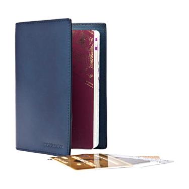 Imagem de Kasper Maison Capa de couro premium para passaporte e carteira de viagem com bloqueio de RFID antirroubo, Azul, one_size, Clássico