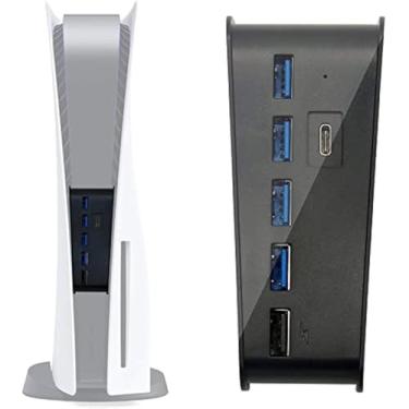 Imagem de LinaLife Hub USB PS5 com 5 portas USB para PS5 PS5 Hub de extensão USB com 4 portas e 1 porta tipo C, extensor USB Plug & Play para console de jogos Sony PlayStation 5