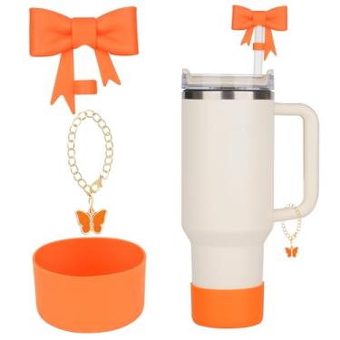 Imagem de Conjunto de capa de canudo de arco de 3 peças para copo Stanley: capa de palha de laço fofo, bota de silicone, corrente de charme para copo de 30/1,134 g com alça - laranja