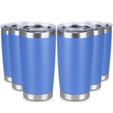 Imagem de VQRRCKI Copo de aço inoxidável de 590 ml a granel com tampa Copos de café com isolamento de parede dupla para bebidas quentes e frias, caneca de café de viagem revestida com pó fosco (azul, pacote com