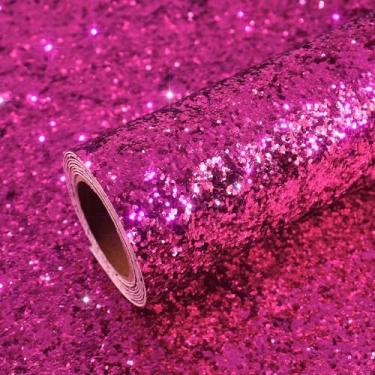 Imagem de VEELIKE Papel de parede com glitter grosso rosa choque para quarto 40 x 39 cm, papel de contato com glitter rosa autoadesivo para armários, prateleiras, papel de parede rosa removível