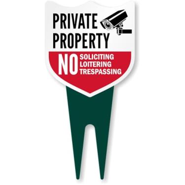 Imagem de SmartSign Placa de estaca privada No Soliciting/Loitering/Trespassing Yard Stake, 15.2 cm x 30.5 cm, 120 mil placa composta de alumínio com sobretudo para fora, placa em forma de escudo com estacas de