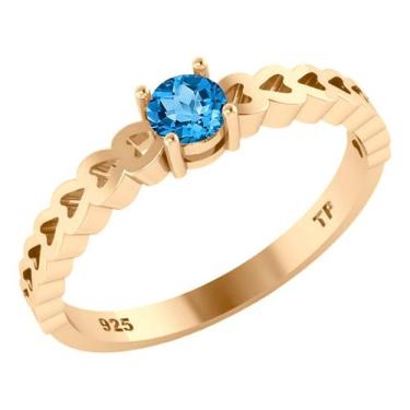 Imagem de Anel Luxo Corações Prata 925 Dourada Ouro 18k - Topázio Azul - Tudo Pr