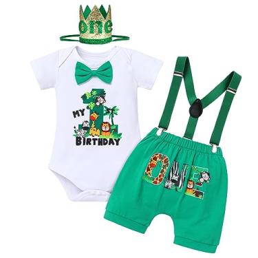 Imagem de IBTOM CASTLE Conjunto de 3 peças para bebês meninos safári de 1º aniversário Wild One Jungle Party com suspensórios, Verde, 6-12 Meses