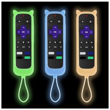 Imagem de Taiyiluo Capa de controle remoto de 3 peças para TV Onn Roku com design de orelhas de gato, capa para controle remoto que brilha no escuro compatível com Express Steaming Stick Hisense TCL Roku TV