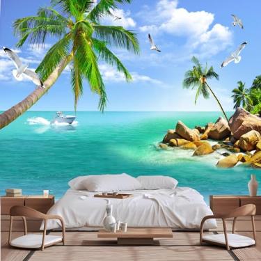 Imagem de Lcythiazole Mural de papel de parede de oceano com tamanho personalizável, mural de parede de palmeira, paraíso, praia, paisagem marítima, papel de parede para quarto, sala de estar, banheiro