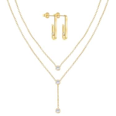 Imagem de Nelytiya Conjunto de joias femininas banhadas a ouro 18 quilates/prata delicadas, colar com pingente de zircônia cúbica em camadas, pingente de corrente e pulseira, conjunto de anéis ajustáveis na