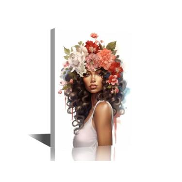 Imagem de TUMOVO Tela de arte de parede de mulher com flores para sala de estar linda dama impressão tela de arte quarto decoração de parede trabalho escritório mulher de cabelo encaracolado com imagem floral