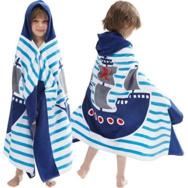 Imagem de Toalha de banho de praia com capuz para crianças, 76 cm x 127 cm, toalha de banho de algodão puro macio para crianças de 3 a 10 anos, poncho absorvente de toalha grande para meninos e meninas (navio