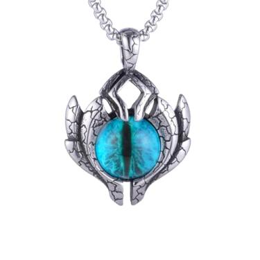 Imagem de Colar com pingente punk hip hop rock olho do diabo (olho de Deus) masculino e feminino com contas de resina azul, aço inoxidável 316L, corrente quadrada de pérola de aço inoxidável prata, joia retrô