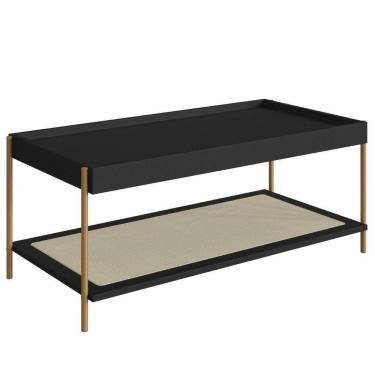 Imagem de Mesa De Centro Retangular Oslo Artesano 93 Cm (larg) Mdp Nero Palha Sintética Bege Pé Metal Dourado