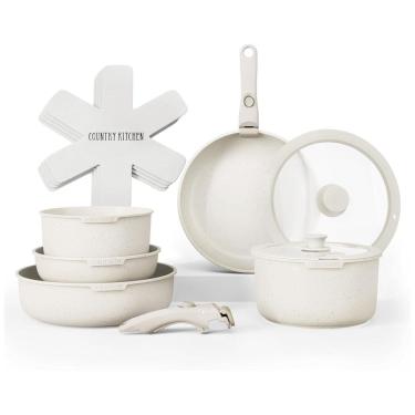 Imagem de Jogo de Panelas e Frigideiras, Material em Alumínio com 16 Peças e Cabo Removível, Country Kitchen, Creme