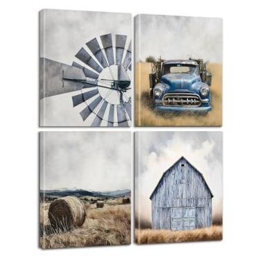 Imagem de 4 conjuntos de arte de parede rústica emoldurada de casa de fazenda, moinho de vento vintage, caminhão azul clássico, campo de fardos de feno, impressões em tela de celeiro azul, decoração de casa