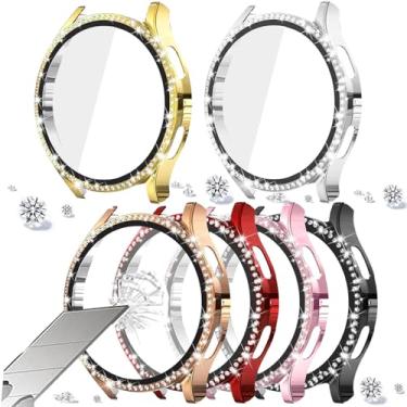 Imagem de DEALELE [Pacote com 6] Capa de vidro temperado compatível com Samsung Galaxy Watch FE/ 5/4 40 mm, capa protetora de diamante brilhante com protetor de tela de vidro temperado, preto + prata + ouro