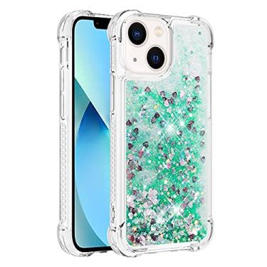 Imagem de Capa de telefone à prova de choque para iPhone 13 Mini com glitter líquido de areia movediça e corações flutuantes, capa de TPU de camada dupla reforçada com 4 cantos, protetor de telefone seguro