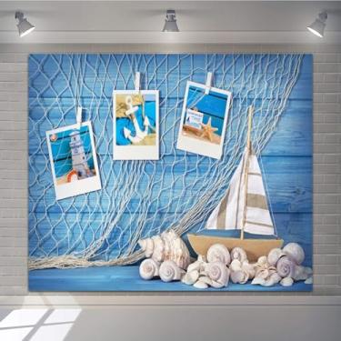 Imagem de Fundo náutico de parede de madeira azul para fotografia vela aventura leme concha vela roda de vela capacete rede de pesca estrela do mar cenário de fotos verão festa náutica chá de bebê aniversário