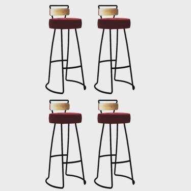 Imagem de Kit 04 Banqueta Alta Alice Bar Balcão Cozinha Com Encosto Madeira Ferro Preto Suede Vermelho - Ahazzo Móveis