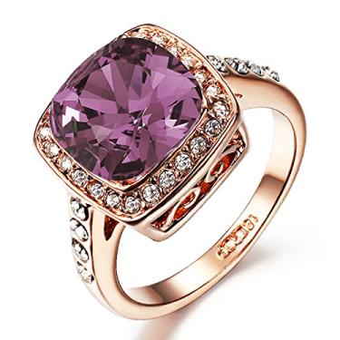 Imagem de Acefeel Anéis femininos de topázio de zircônia cúbica brilhante amarelo banhado a ouro rosa 18K, Pedra Liga de cobre Pedra, Cristal