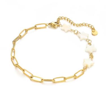 Imagem de Tornozeleira feminina à prova d'água banhada a ouro real 14K corrente de elos de clipe de papel tornozeleira delicada coração estrela pingente à prova d'água joia de praia, Large, Aço inoxidável, Sem