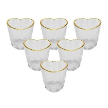 Imagem de Kit 6 Copos Shot Coração Vidro Com Borda Dourada 50Ml - Lyor