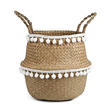 Imagem de PY3H69 Cesta de armazenamento de algas marinhas cesta de lavanderia de renda cesta de flores de vime natural organizador de brinquedos de palha preto e branco (branco 2,32 x 28 cm)