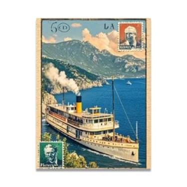 Imagem de Impressão em tela vintage navio a vapor italiano de história marítima - Carimbo de papel envelhecido 70 x 91 cm