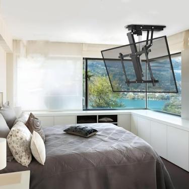 Imagem de CUTPOIY Suporte de TV motorizado – Suporte inclinável para TV de teto, com controle remoto, suporte motorizado para TV de teto inclinado ajustável para TVs de tela plana e curva de 81 a 170 cm