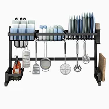 Imagem de AKALNNB Escorredor de pratos sobre a pia, escorredor de pratos de 2 camadas, escorredor de pratos de aço inoxidável, organizador de pia de cozinha, economizador de espaço, escorredor de pratos (Noir