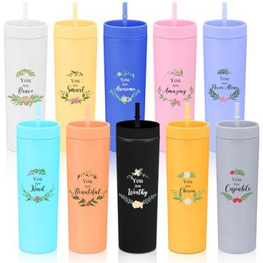 Imagem de Skylety Pacote com 10 copos cristãos para mulheres, presente inspirador para o dia das mães, copos religiosos de acrílico de 340 g com tampas e canudos You Are Brave Versículo da Bíblia Copos