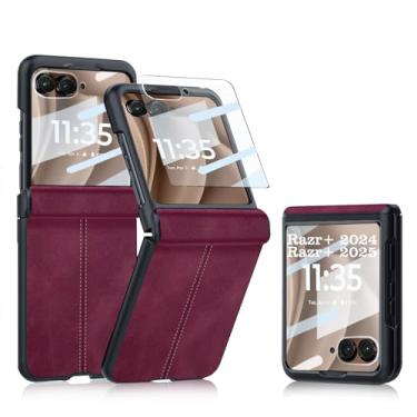 Imagem de YuetWay Capa de couro para Motorola Razr+ 2024 com protetor de tela externo integrado com dobradiça, capa ultrafina anti-arranhões para Moto Razr Plus 2024/Razr 50Ultra(Borgonha, Razr+ 2024)