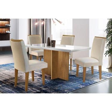 Imagem de Sala de Jantar Completa Berlim Vidro 120Cm + 4 Cadeiras Lunara Imbuia Veludo Creme