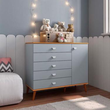 Imagem de Cômoda Infantil Bartira Ternura Com 5 Gavetas E 1 Porta Com 106,8 Cm De Largura Azul Wood