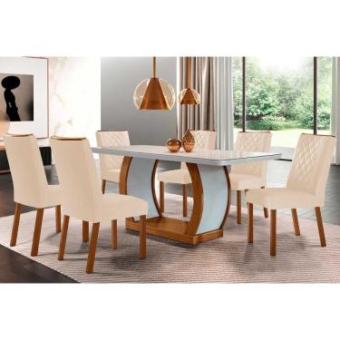 Imagem de Sala De Jantar Jade Tampo com Vidro Curvo 180x90 E 6 Cadeiras Imbuia-veludo Creme-pérola Rufato