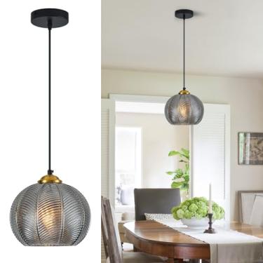 Imagem de LBSQJ Luminárias Pendentes De Vidro Cinza Fumê Para Ilha Cozinha, Pacote Com 1 Unidade, 7,48 Pol., Globo Sopradas À Mão, Iluminação Moderna Quarto E Sala Jantar