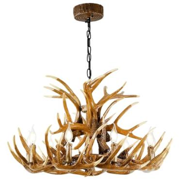 Imagem de Durahonn Luminária De Lustre Chifre Veado Em Resina Marrom Com 9 Lâmpadas E12, Estilo Vintage, Art Déco, Para Sala Jantar, Estar, Quarto E Cozinha (15 Chifres + Luzes)
