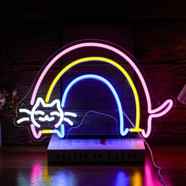 Imagem de BNEMCEZH Letreiro De Neon Com Gato Arco-Íris, Iluminação Led Fofa, Alimentado Por Usb, Regulável, Colorido, Para Quarto Infantil, Café, Bar, Decoração Parede, Caverna Do Homem