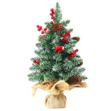 Imagem de Árvore de Natal de mesa de 45,7 cm Mini árvore de Natal artificial realista em pé pequena com base de PVC decorativa artificial para casa, escritório