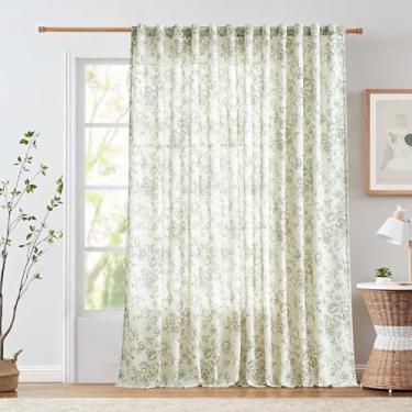 Imagem de jinchan Cortina De Linho Floral - 254 Cm Extra Larga, 243 Comprimento, Conjunto Com Estampa Verde Peônia Para Sala Estar, Pátio E Divisória Ambientes