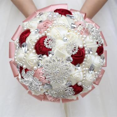 Imagem de Gkvszy Buquê de casamento com strass prata brilhante pérola cetim rosa flor para noiva, dama de honra, quinze anos, vinho e blush rosa marfim buquê de noiva 21 cm