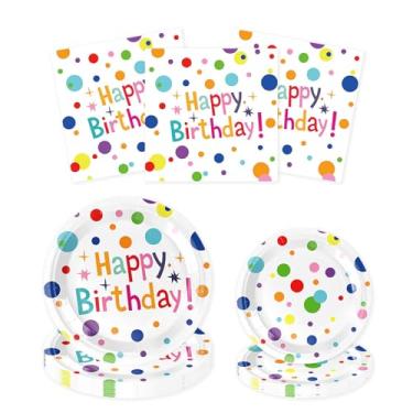 Imagem de hhdatc Conjunto de 60 peças de decoração de festa de feliz aniversário colorido de arco-íris e pratos de papel descartáveis para festas de aniversário infantis, decoração de festa de meninos e meninas