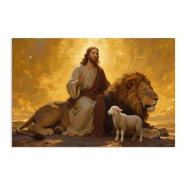Imagem de SDYJ6GSW Decoração de parede Jesus e Leão Cristão Leão de Judá imagens arte de parede pintura de Deus para igreja sala de estar quarto escritório 75 x 50 cm (30 x 20 pol) pôster