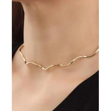 Imagem de Colar Choker Feminino Elo Aro Ondulado Torcido Liso Dourado Prata Folh
