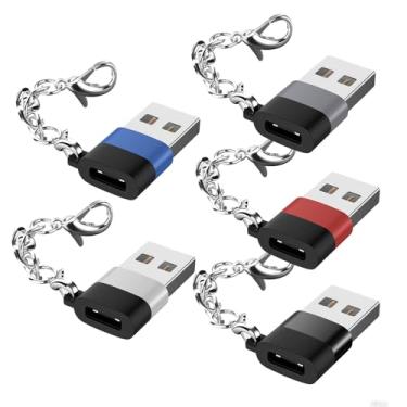 Imagem de Pacote com 5 adaptadores USB C fêmea para USB macho, chaveiro tipo C para carregador USB-A OTG para Watch 7-9, iPhone 12-16, Galaxy S9-S25, AirPods A53 A54, iPad e mais - multicolorido