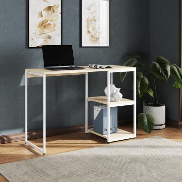 Imagem de Mesa Escritório Berlim Industrial Com Prateleira Ferro Branco Tampo 110x46 Off White