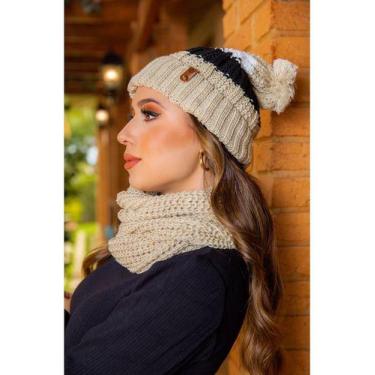 Imagem de Conjunto Touca Pompom Listrada Com Cachecol Gola Lã Macio Quentinho - 