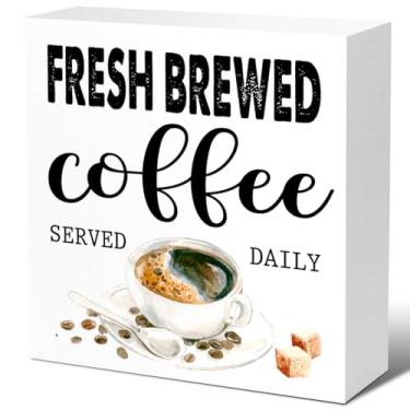 Imagem de Placas de bloco de madeira de café servido diariamente, sinal de caixa de madeira servido diariamente café fresco para prateleira de café, parada de café, decoração de mesa, placas de café de madeira