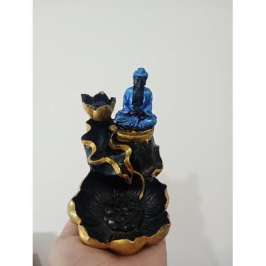 Imagem de Incensário para Incenso Cascata Zen com Buda Azul e Flor de Lótus, Resina Preta e Dourada, Estilo Oriental