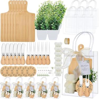 Imagem de Honeydak 49 peças de prêmios de chá de bebê para jogadores de jogos, 6 conjuntos de facas de bambu para queijo, garfo, porta-copos, toalha, vaso artificial, vaso de plantas, cartão de agradecimento